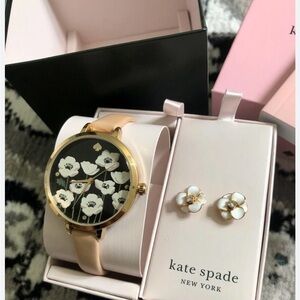 Kate Spade Gold and Black Floral Watch and Earring Set
